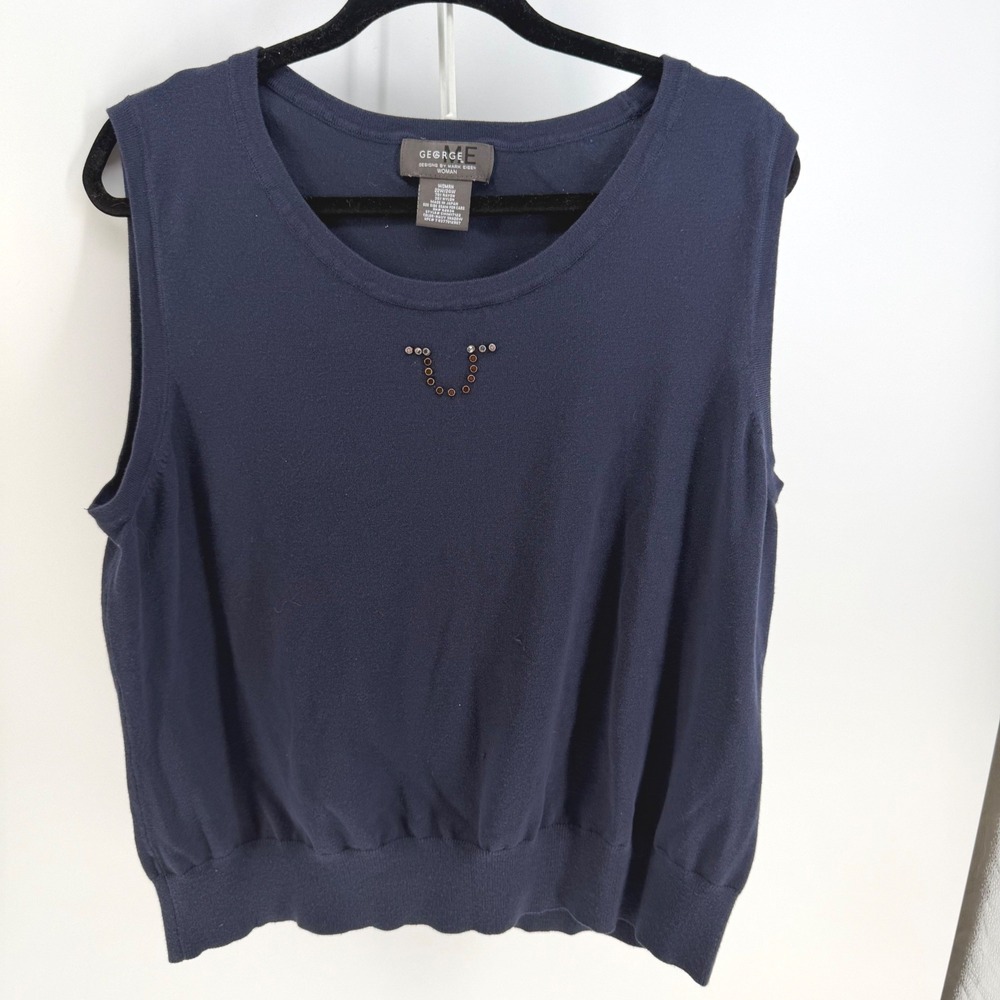 Western Tank Women 22W/24W Navy Rhinestone Knit Stretch Rodeo Vest Old Money VTG